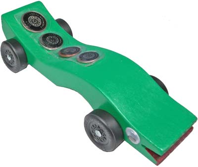 Example of Pinewood Derby Car with coin pockets