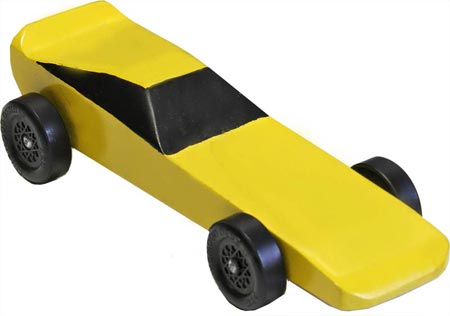 Funnycar pinewood derby car painted yellow